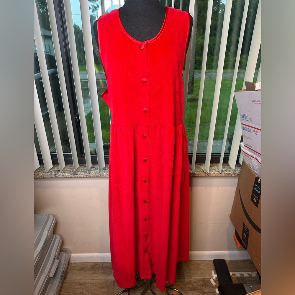 Vintage Fads Red Velour Button-Down Sleeveless Dress Size Large